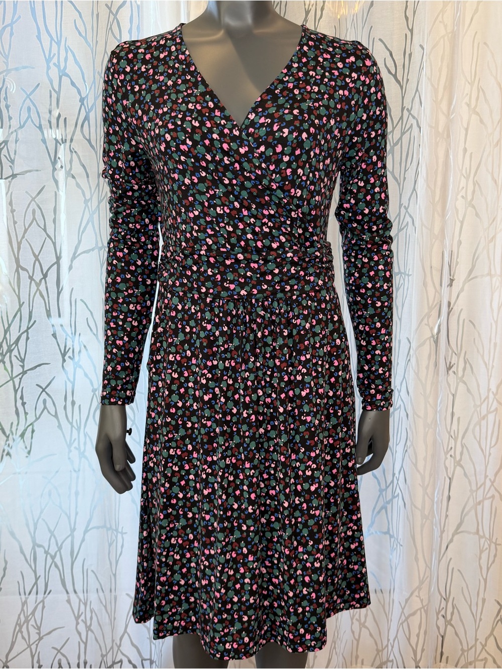 Boden Layla Long Sleeve Faux Wrap Jersey Dress Confetti Print V-Neck Size 8 R